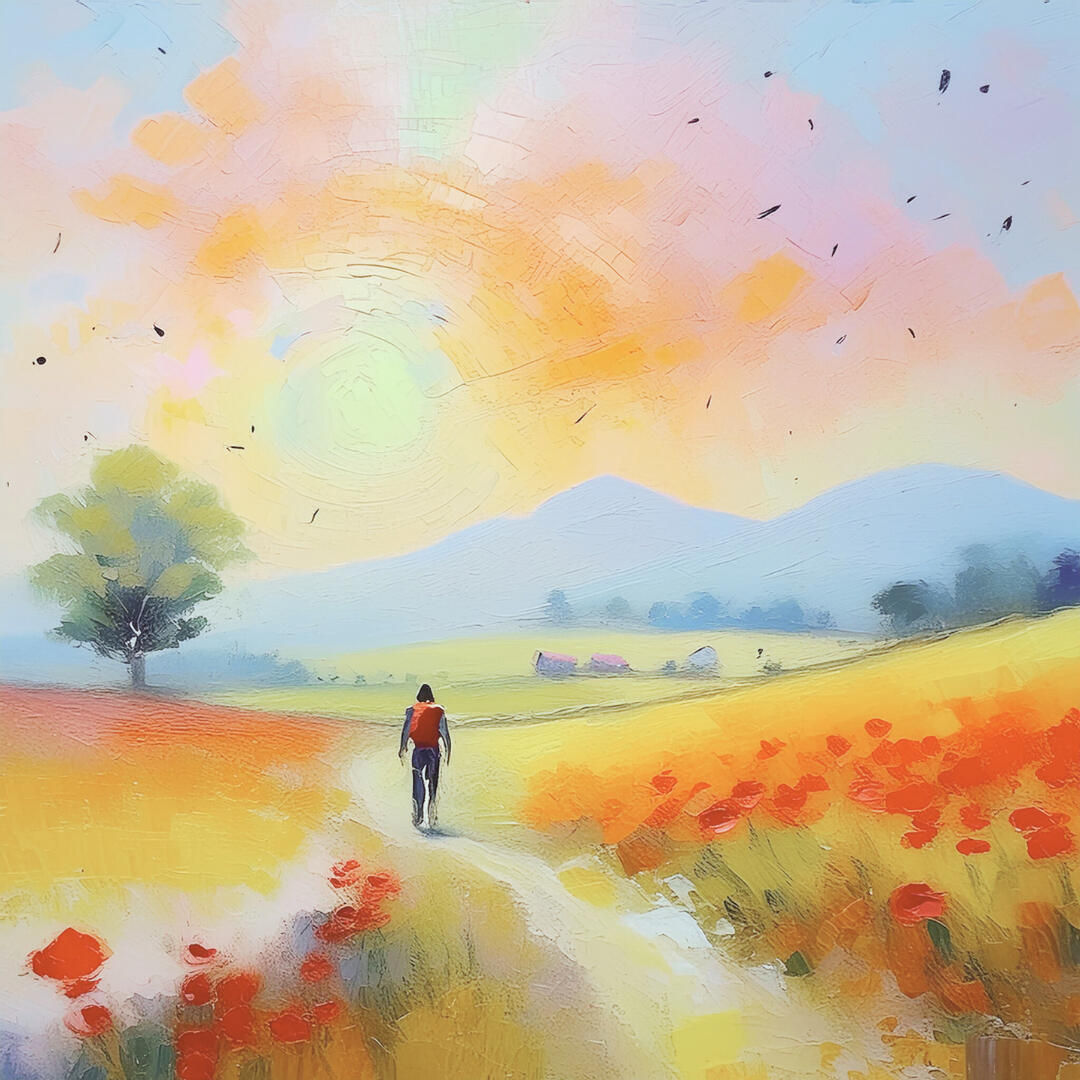 An abstract image with vibrant, radiant colors such as bright yellows, oranges, and greens. The background features emanating patterns with a bright sun and pink clouds. In the foreground, a person stands on a path leading towards a clear and bright horizo