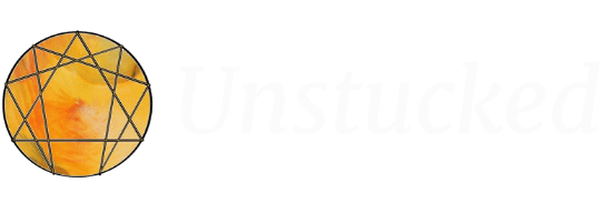 Logo for Unstucked, featuring a circular design with an abstract orange pattern and geometric black lines to the left of the word "Unstucked" in white text.